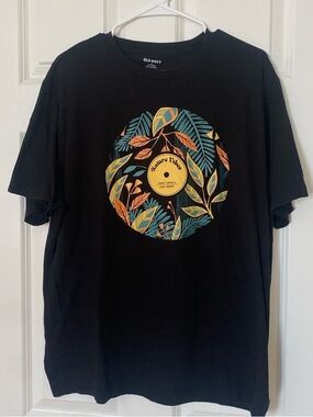 Old Navy Black Tee with Tropical Vinyl Leaf Graphic